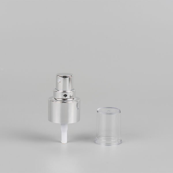 Silver Metal Finish Fine Mist Spray Pump with Transparent Cap | Cosmetic Packaging Size 20/24/28 Dispenser for Perfume, Toner & Skincare Wholesale Supplier